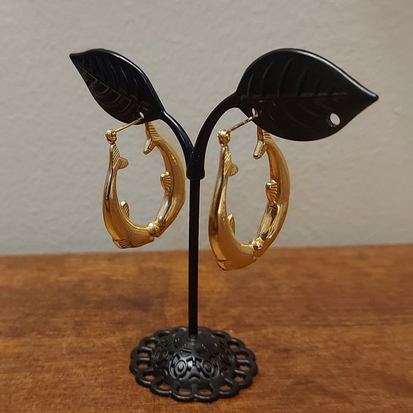 14K Gold Fish Hoop Earrings - Picture 2 of 7